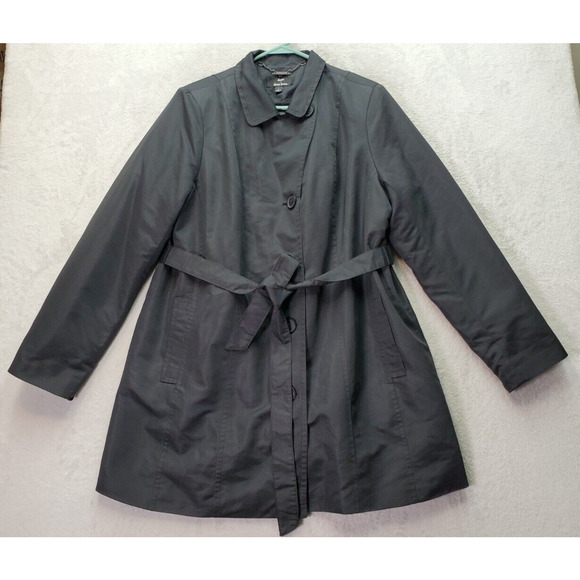 Dennis Basso Rain Coat Women Large Black Lined Drawstring Collared Button Front - Picture 1 of 11